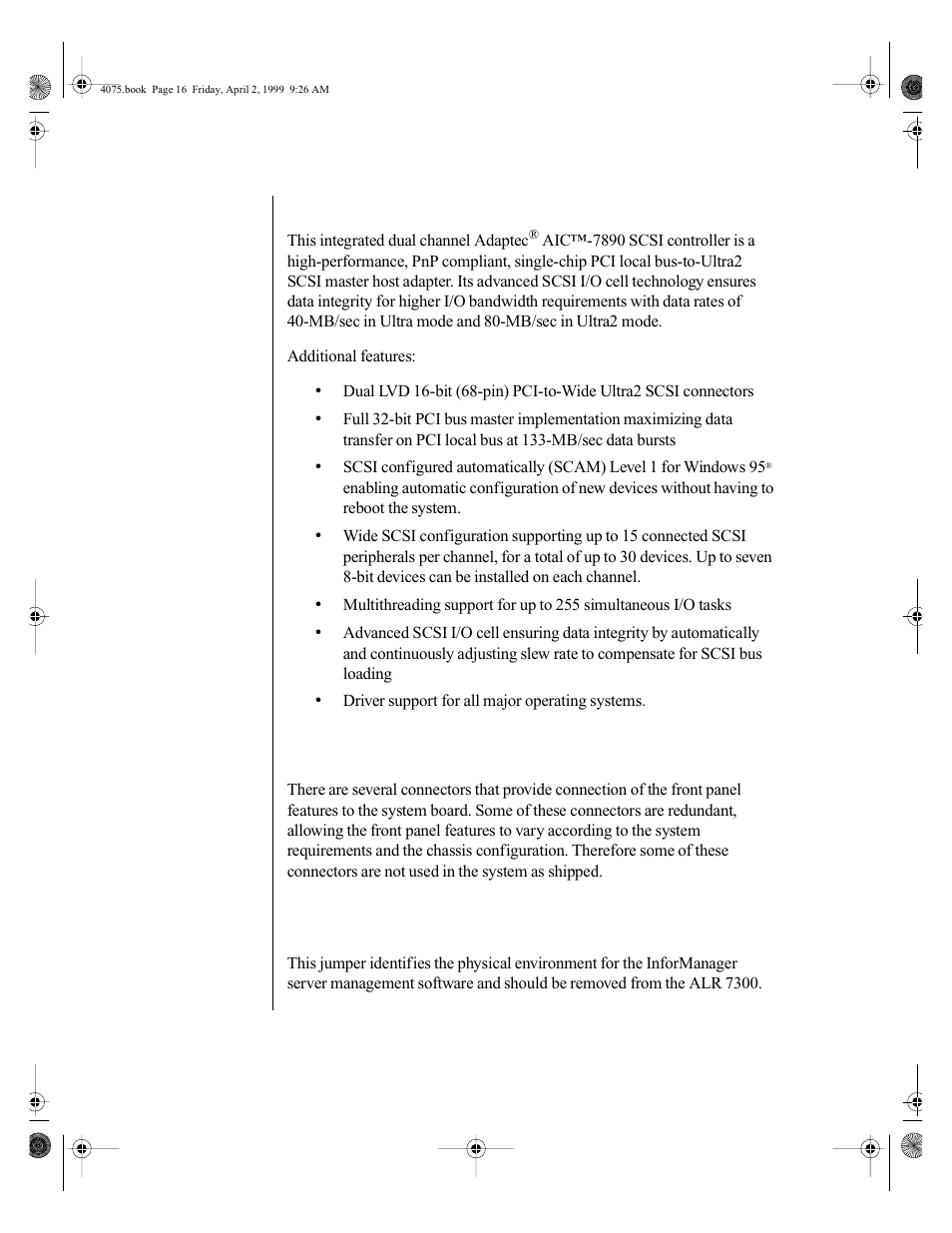 Scsi controller and connectors, Front panel connectors, Shm mode jumper | Gateway ALR 7300 User Manual | Page 26 / 138