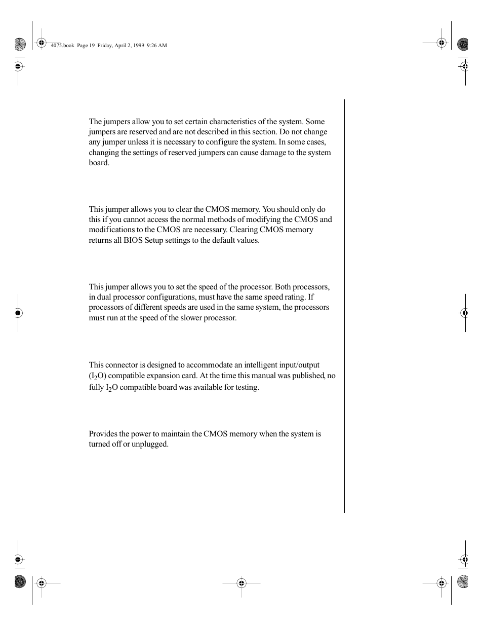 System jumpers, Clear cmos jumper, Cpu speed setting jumper | I2o feature connector, Battery, System jumpers i2o feature connector battery, O feature connector | Gateway ALR 7300 User Manual | Page 29 / 138