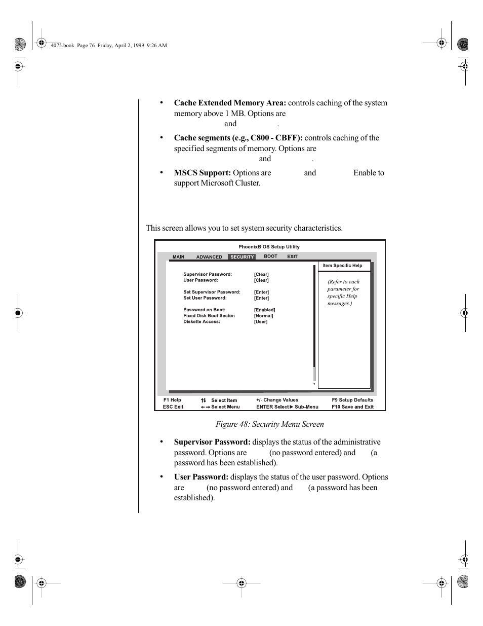 Security menu screen | Gateway ALR 7300 User Manual | Page 86 / 138