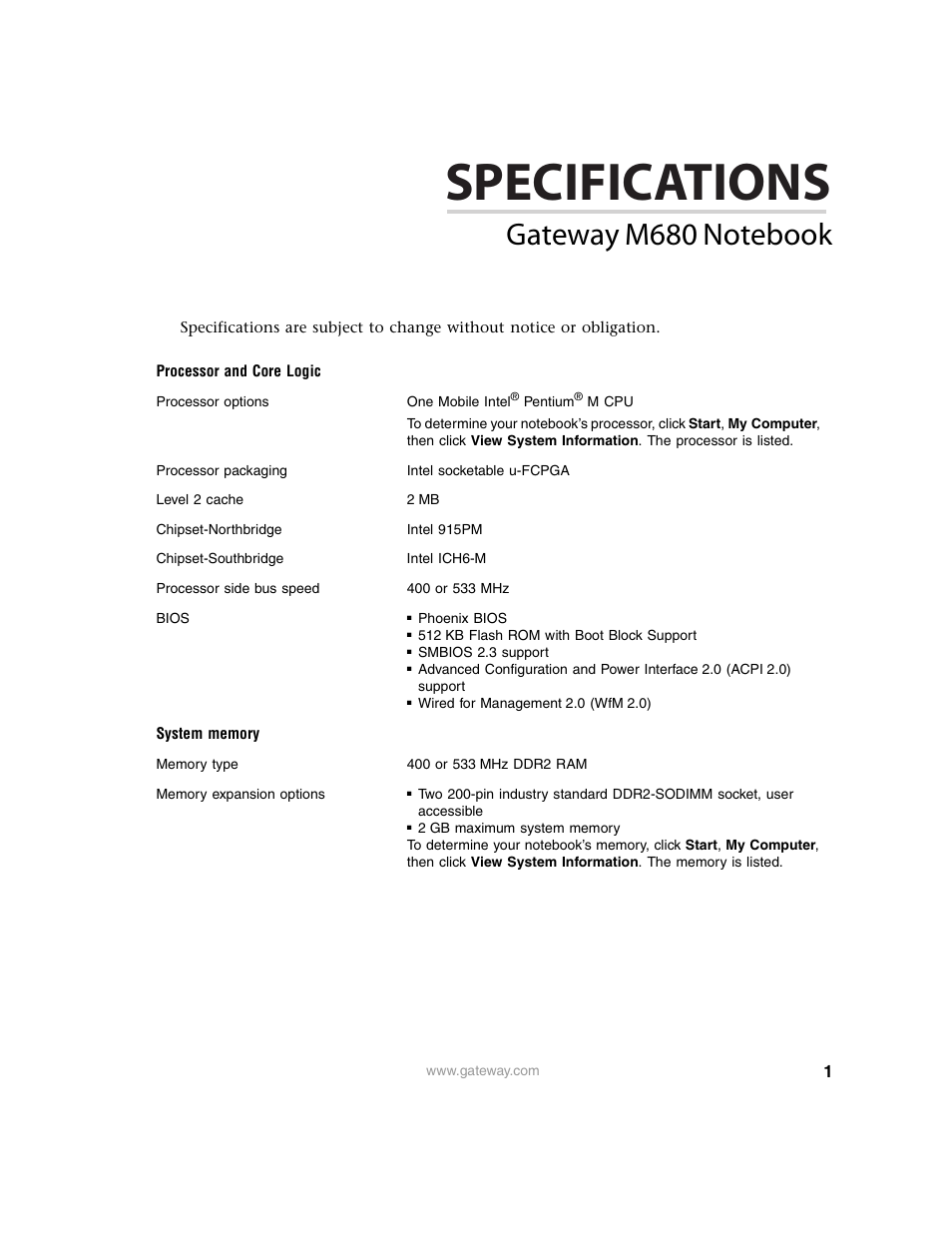 Gateway M680 User Manual | 7 pages