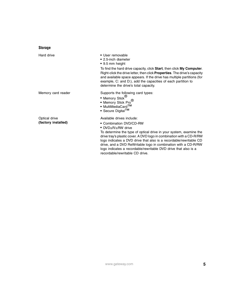 Storage | Gateway M680 User Manual | Page 5 / 7