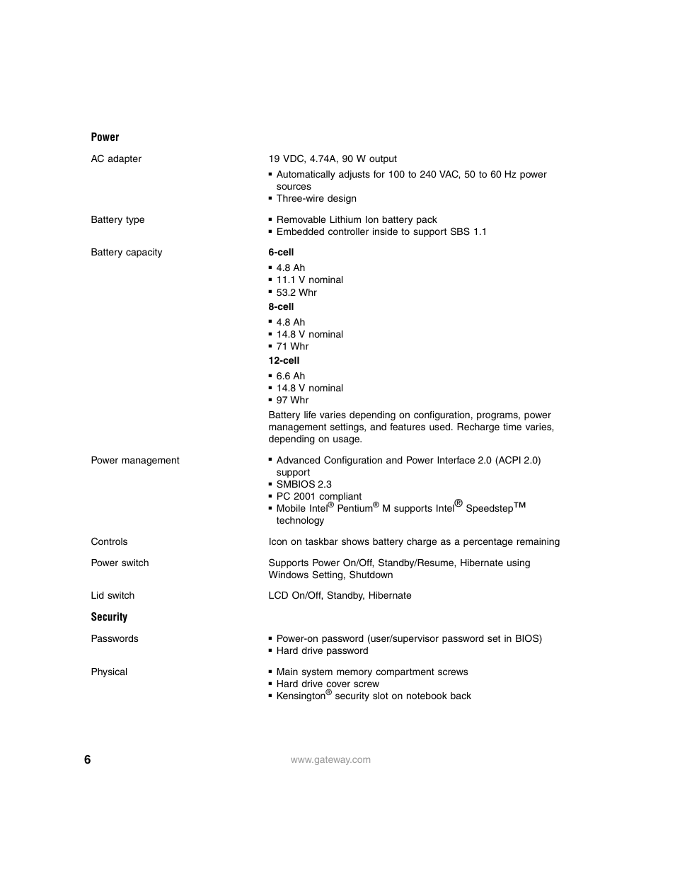 Power, Security | Gateway M680 User Manual | Page 6 / 7
