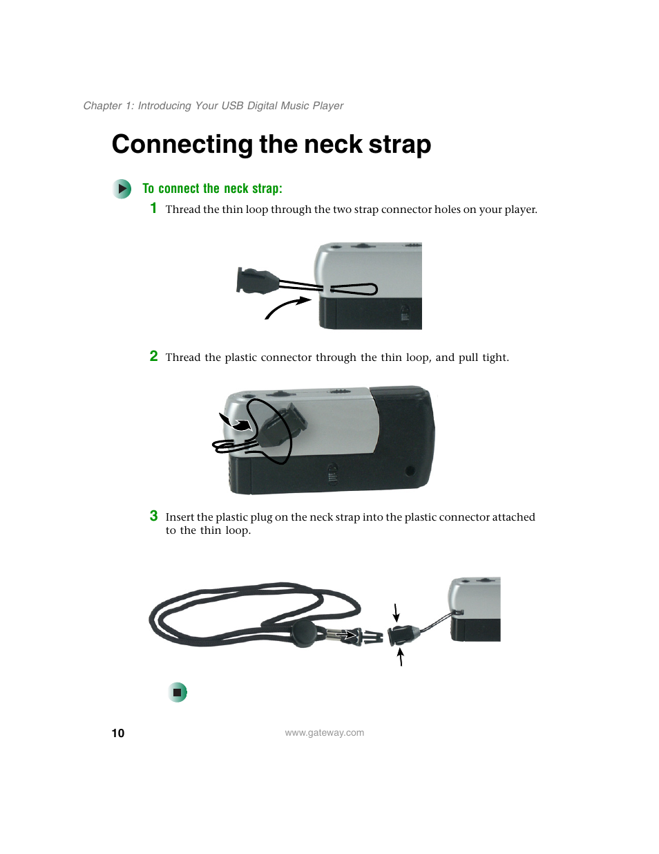 Connecting the neck strap | Gateway DMP-110 User Manual | Page 14 / 48