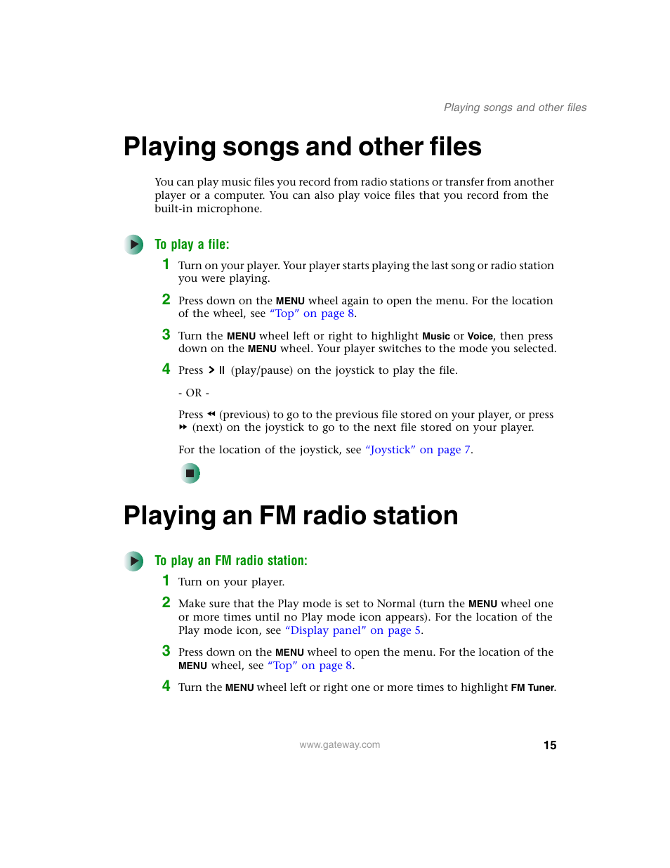 Playing songs and other files, Playing an fm radio station | Gateway DMP-110 User Manual | Page 19 / 48