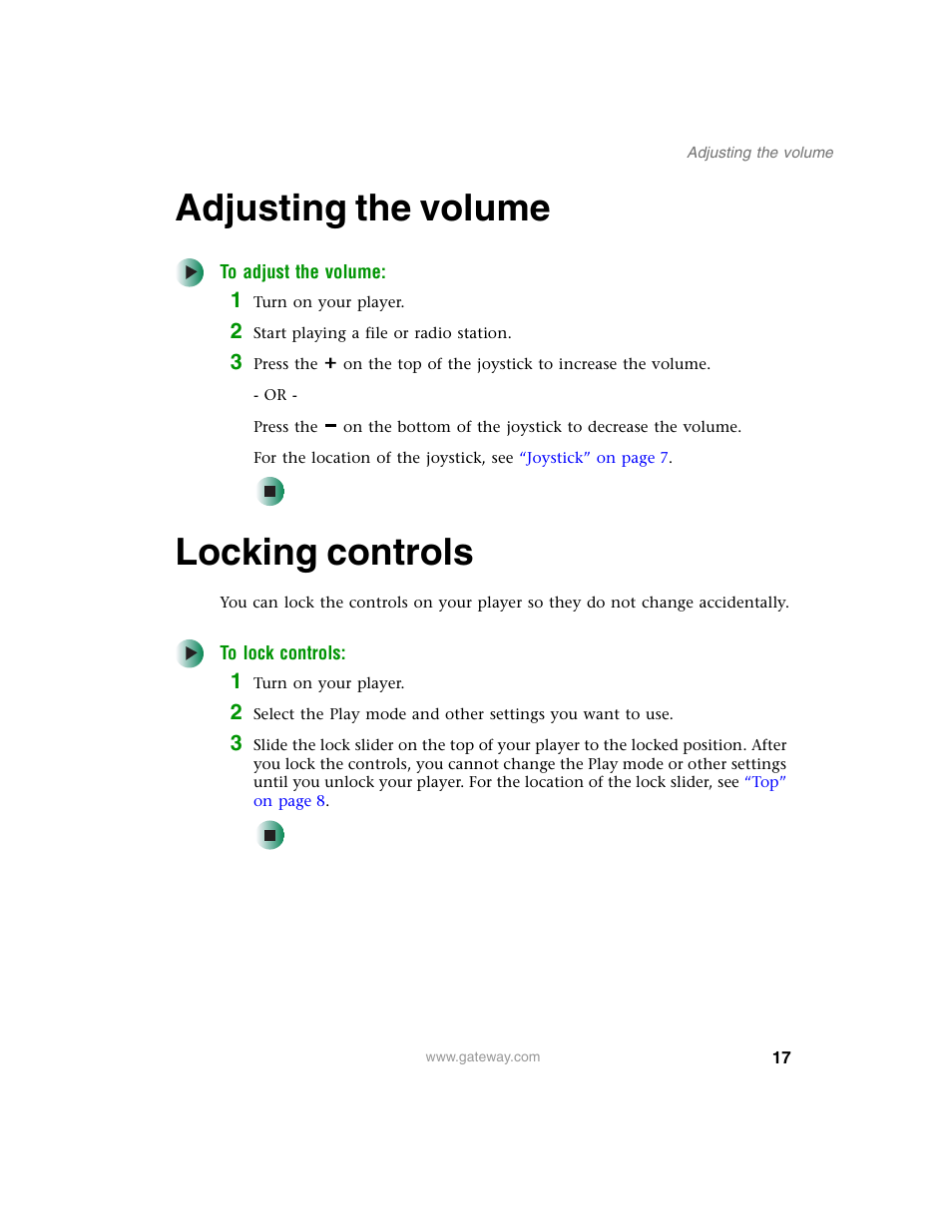 Adjusting the volume, Locking controls, Adjusting the volume locking controls | Gateway DMP-110 User Manual | Page 21 / 48