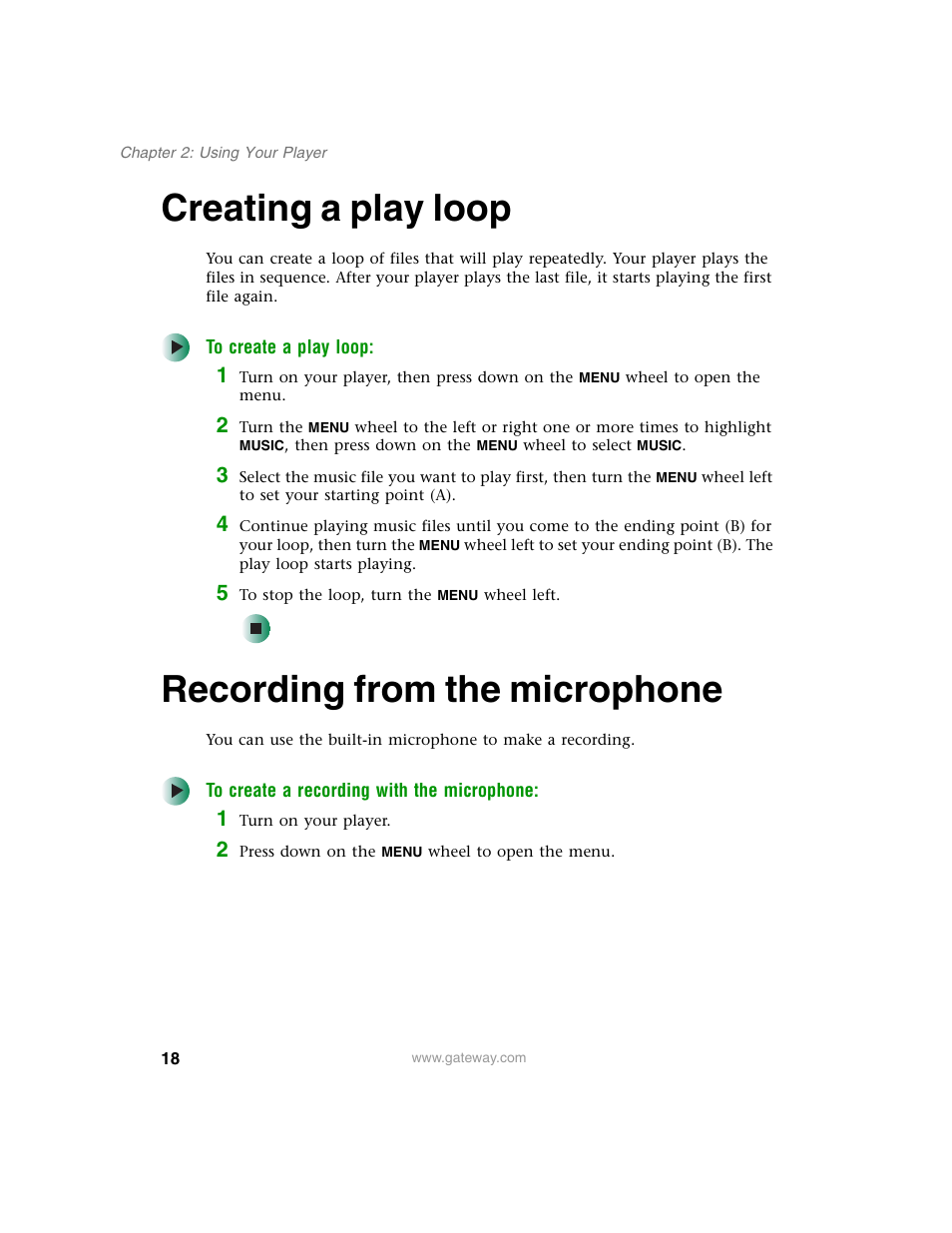 Creating a play loop, Recording from the microphone, Creating a play loop recording from the microphone | Creating a | Gateway DMP-110 User Manual | Page 22 / 48