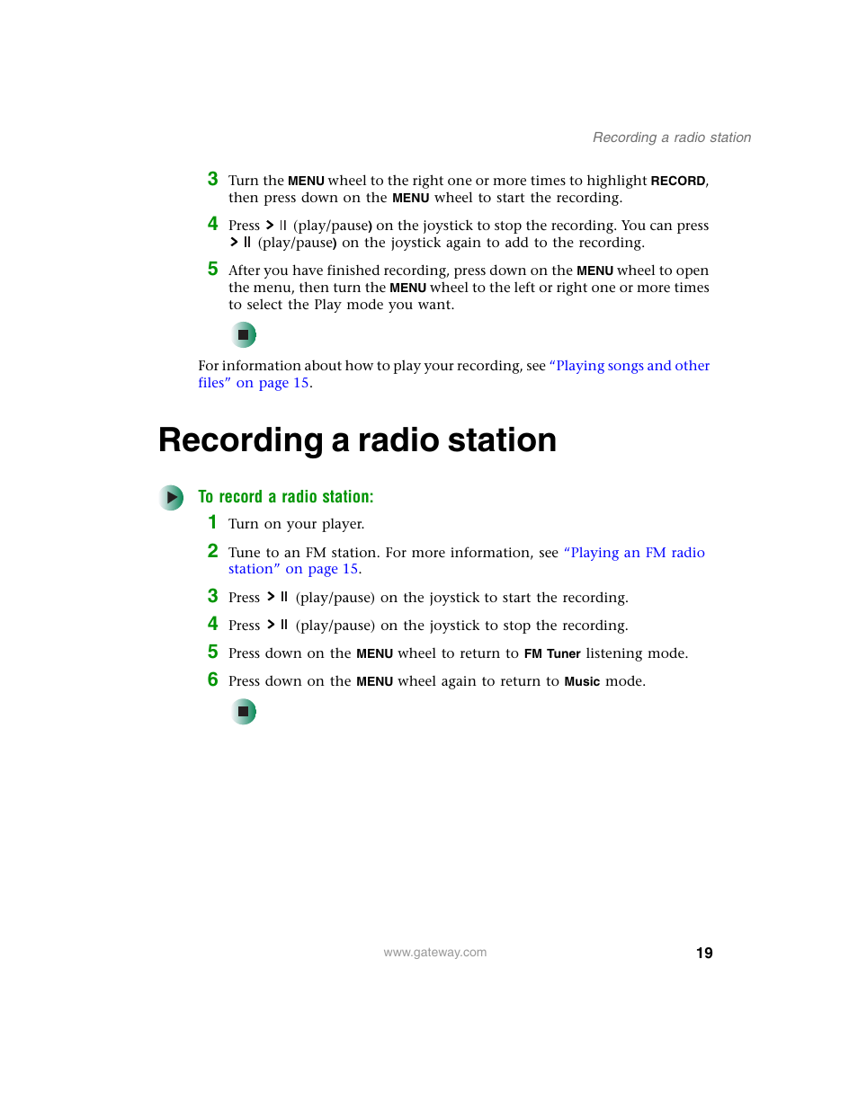 Recording a radio station | Gateway DMP-110 User Manual | Page 23 / 48