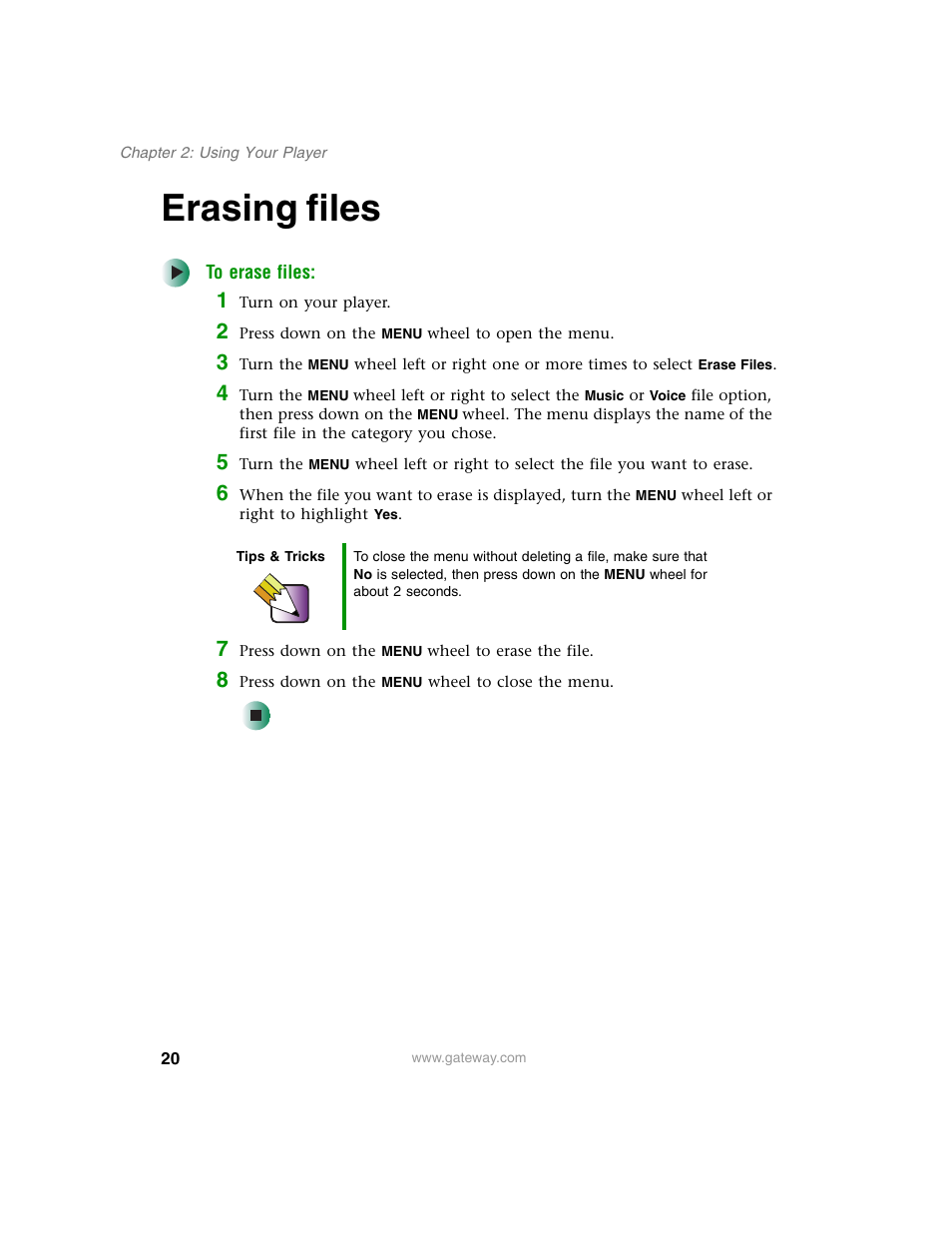 Erasing files | Gateway DMP-110 User Manual | Page 24 / 48