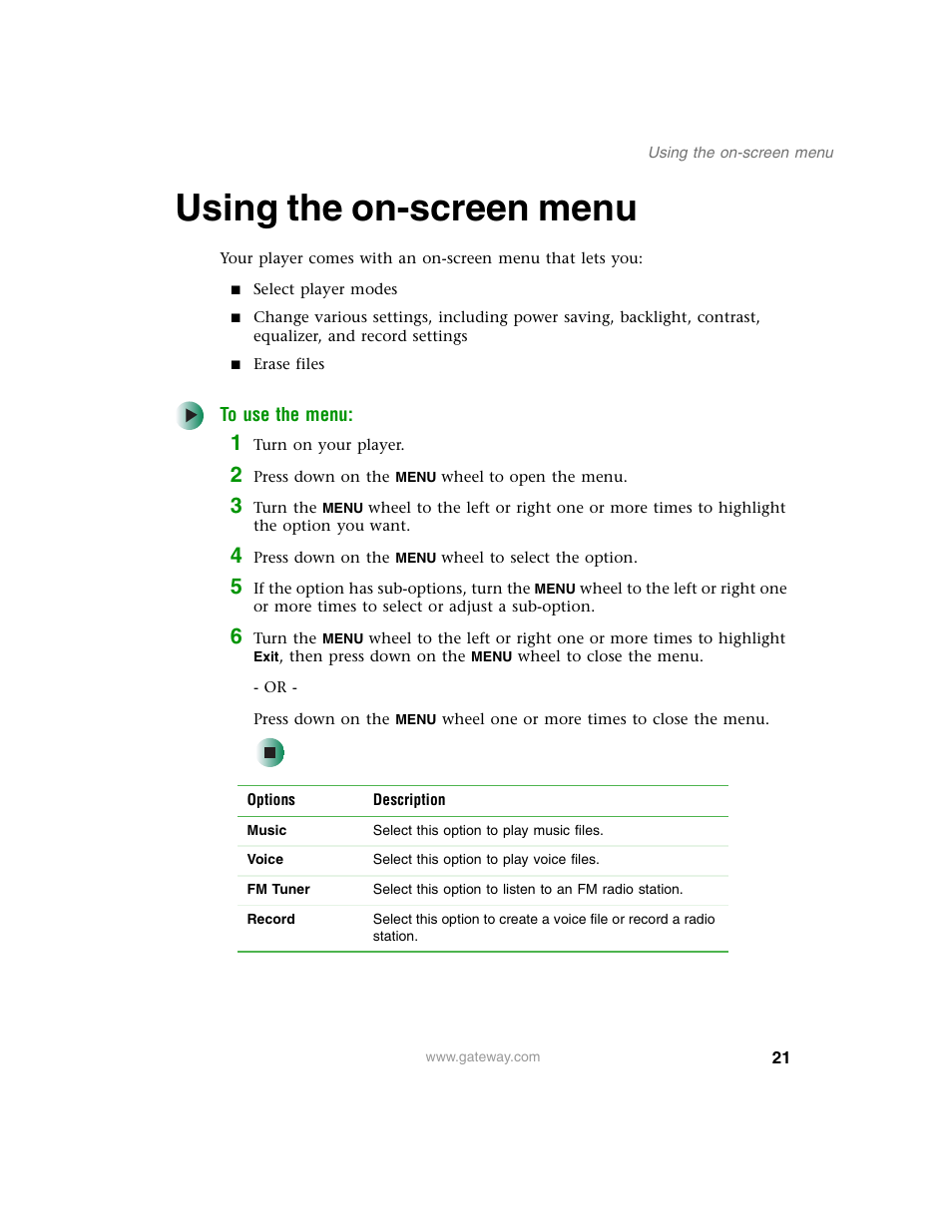 Using the on-screen menu, Using the on-screen menu” on | Gateway DMP-110 User Manual | Page 25 / 48