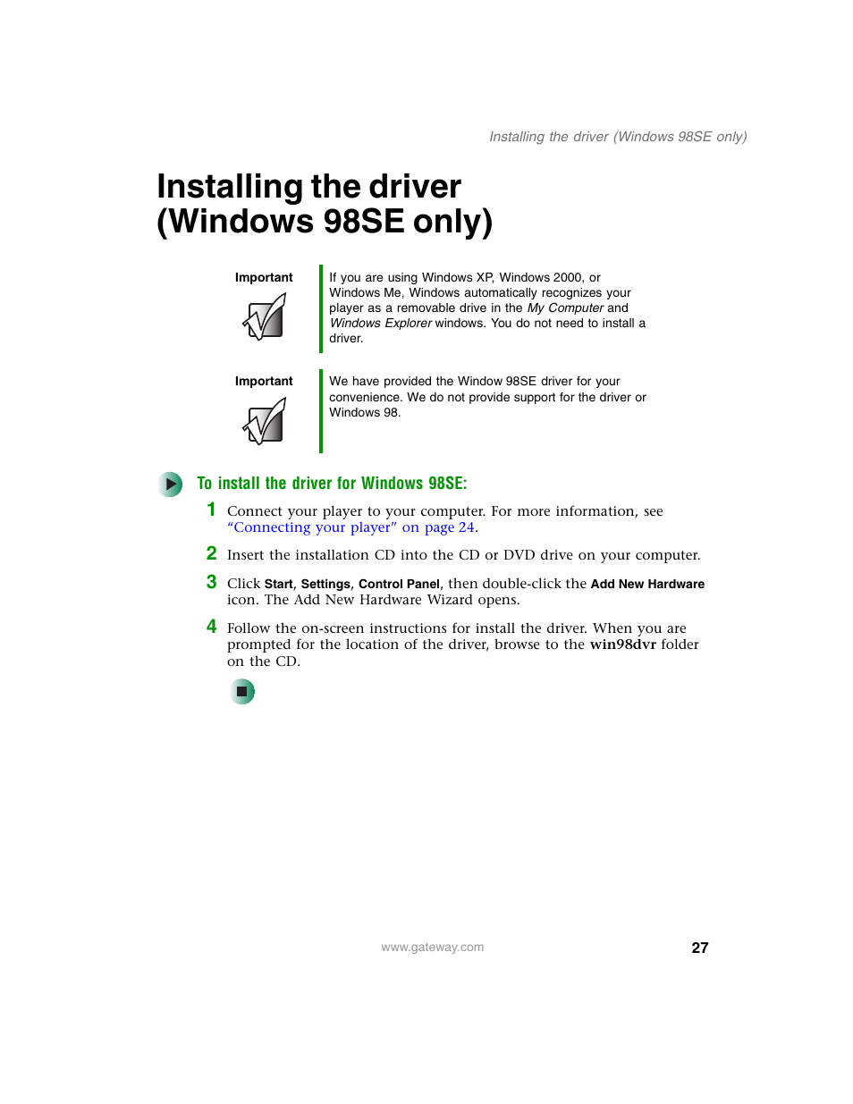 Installing the driver (windows98se only), Installing the driver (windows 98se only) | Gateway DMP-110 User Manual | Page 31 / 48