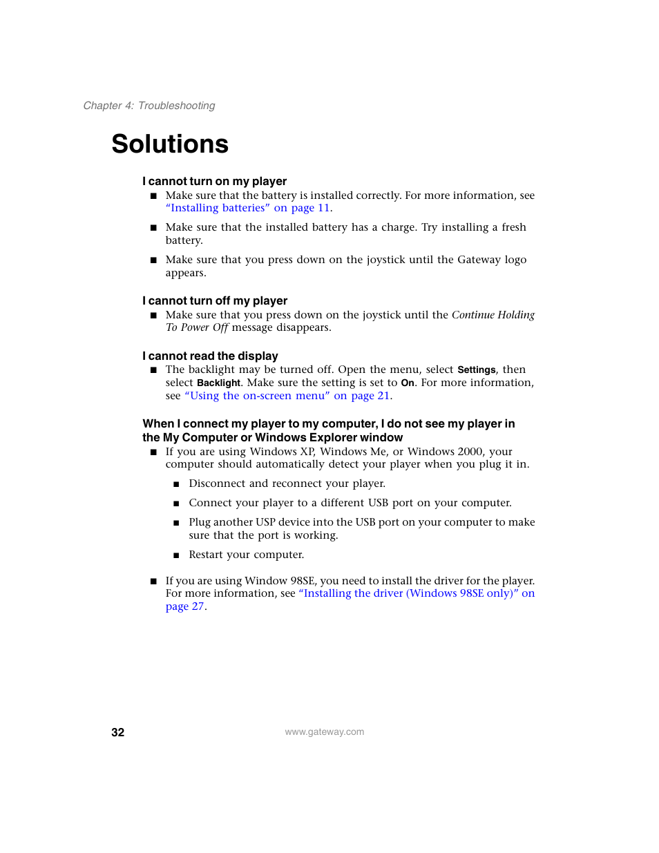 Solutions, I cannot turn on my player, I cannot turn off my player | I cannot read the display, Disconnect and reconnect your player | Gateway DMP-110 User Manual | Page 36 / 48