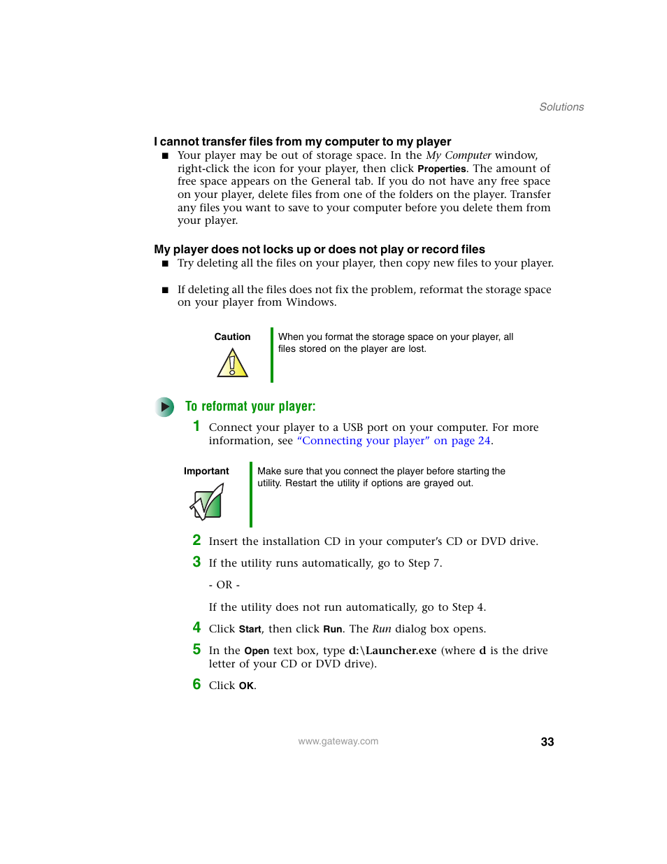 Caution, To reformat your player, Important | 3 if the utility runs automatically, go to step7, 6 click ok | Gateway DMP-110 User Manual | Page 37 / 48