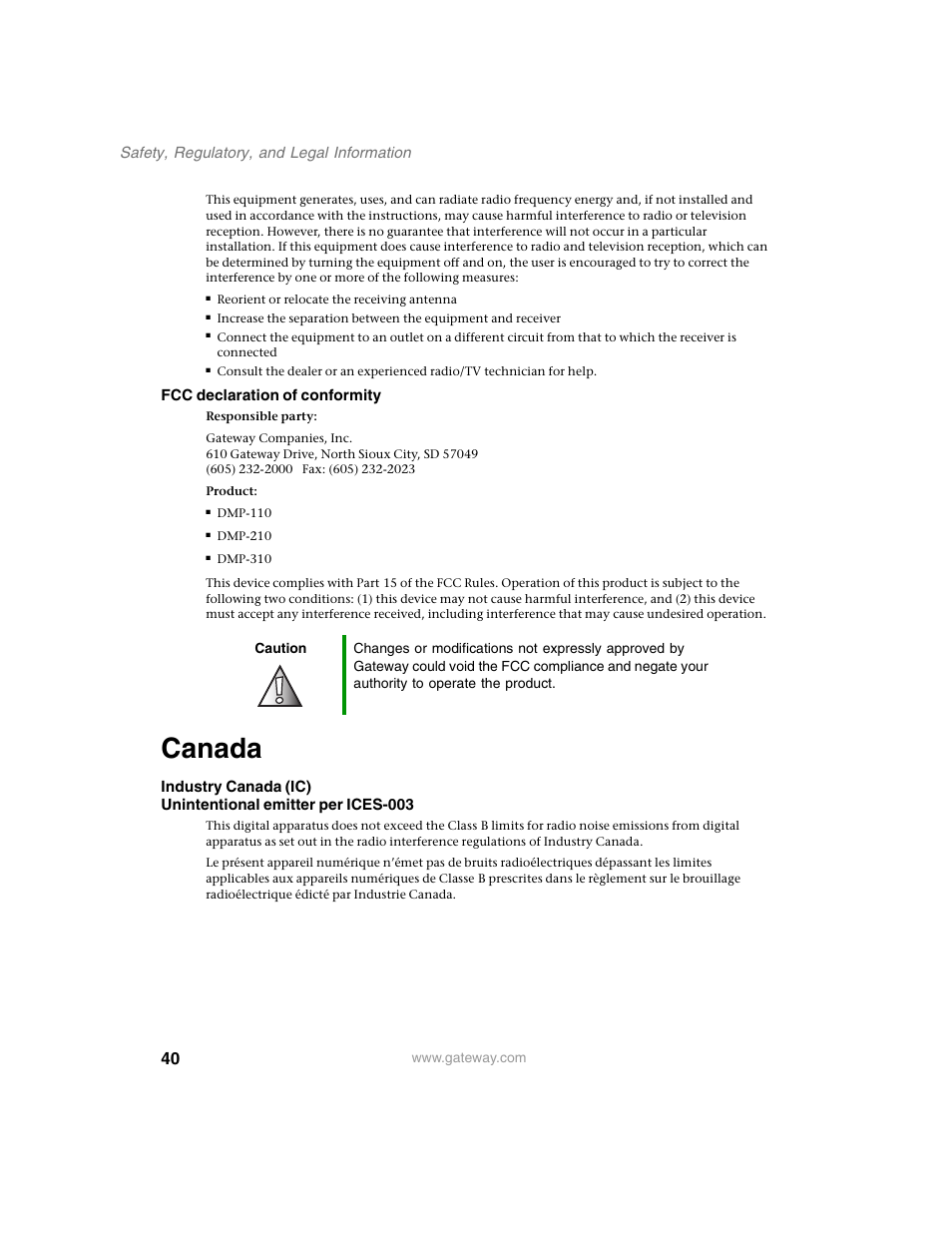 Canada | Gateway DMP-110 User Manual | Page 44 / 48