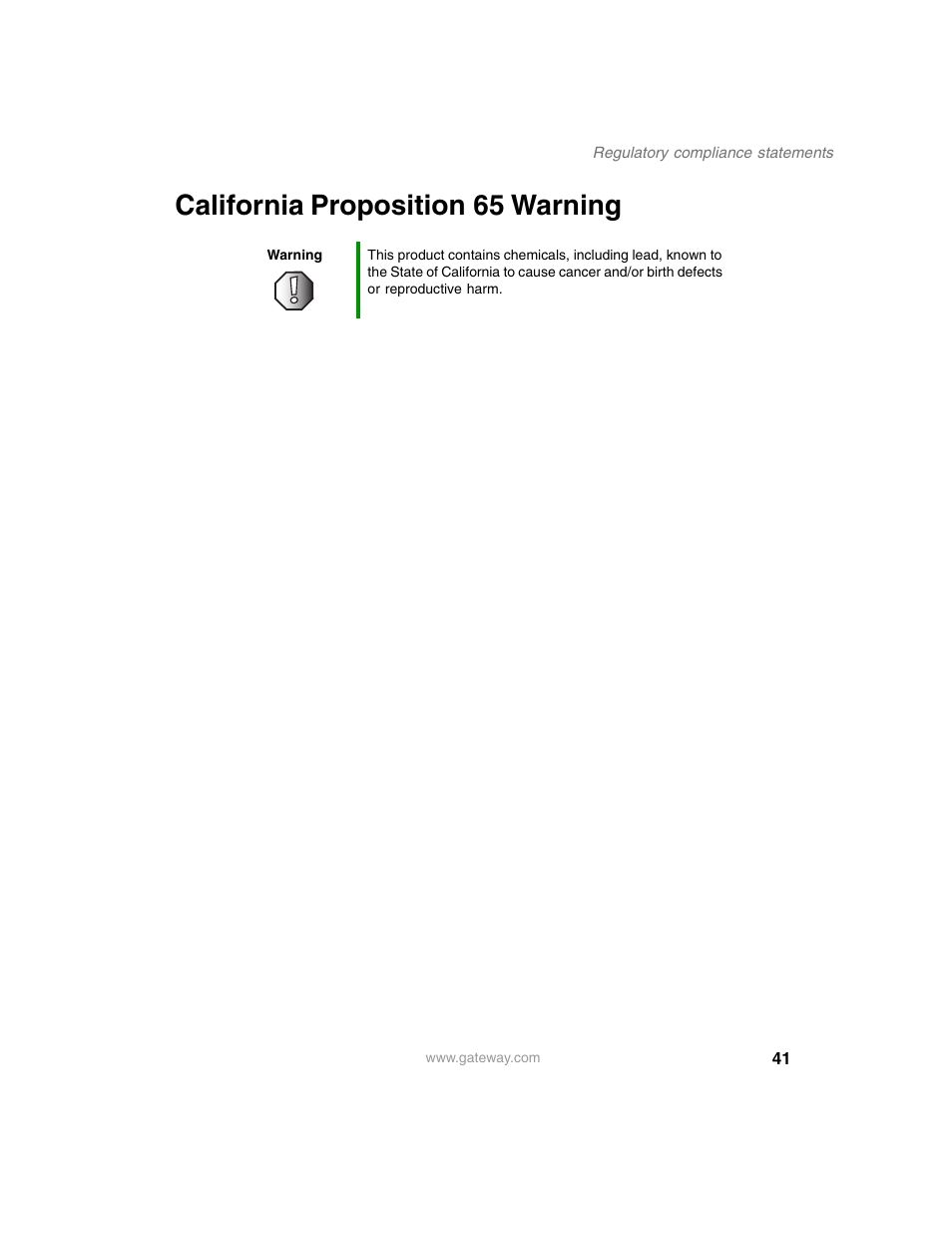 California proposition 65 warning | Gateway DMP-110 User Manual | Page 45 / 48