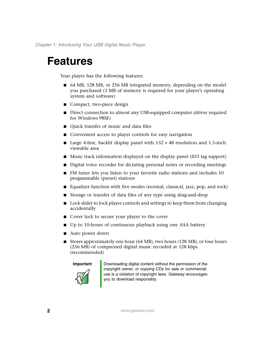 Features | Gateway DMP-110 User Manual | Page 6 / 48