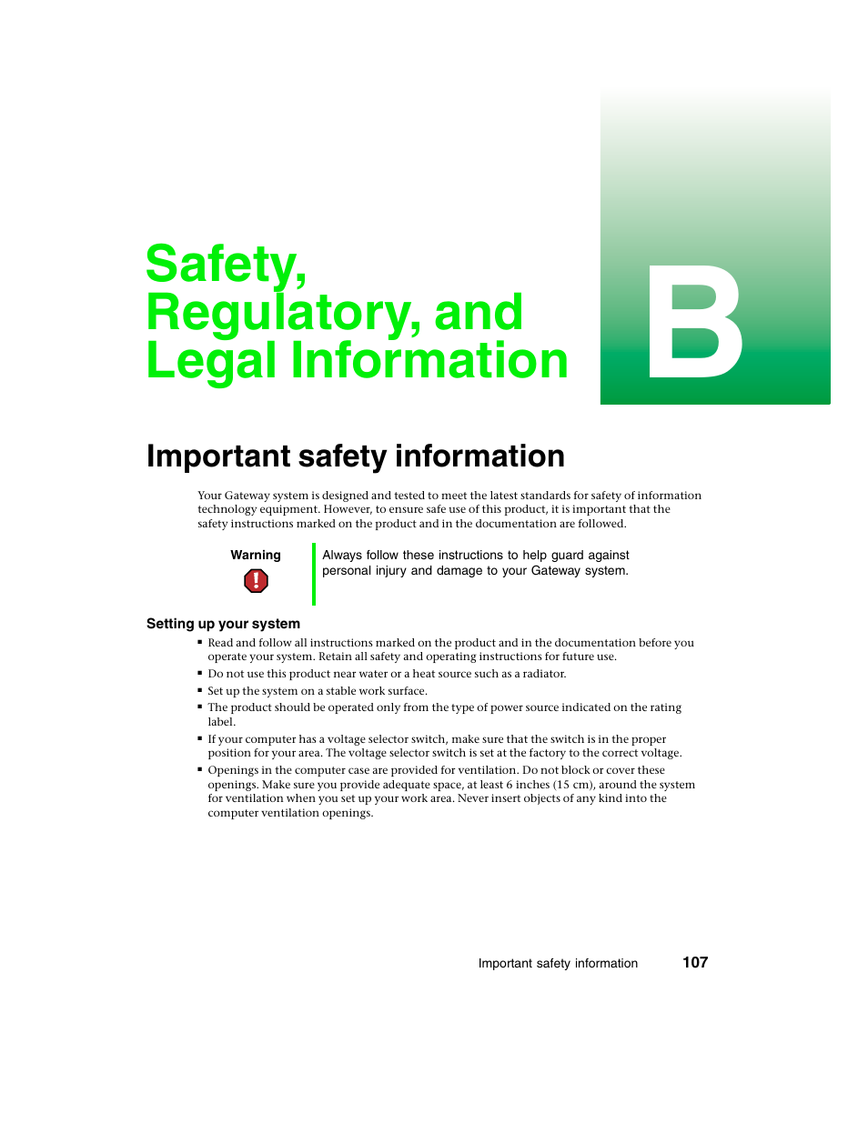 Safety, regulatory, and legal information, Important safety information | Gateway E-4650 User Manual | Page 115 / 134