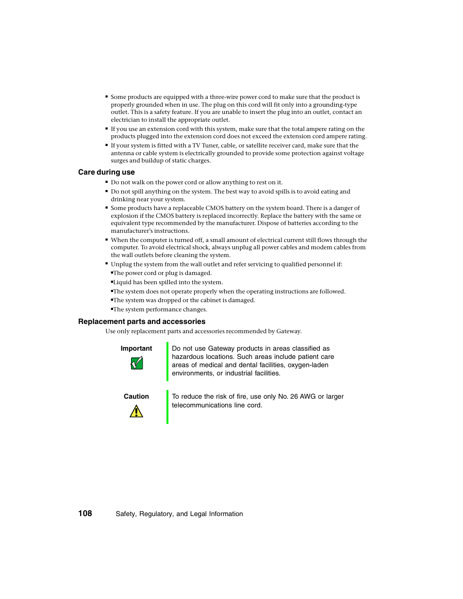 Care during use, Replacement parts and accessories, Safety, regulatory, and legal information | Gateway E-4650 User Manual | Page 116 / 134