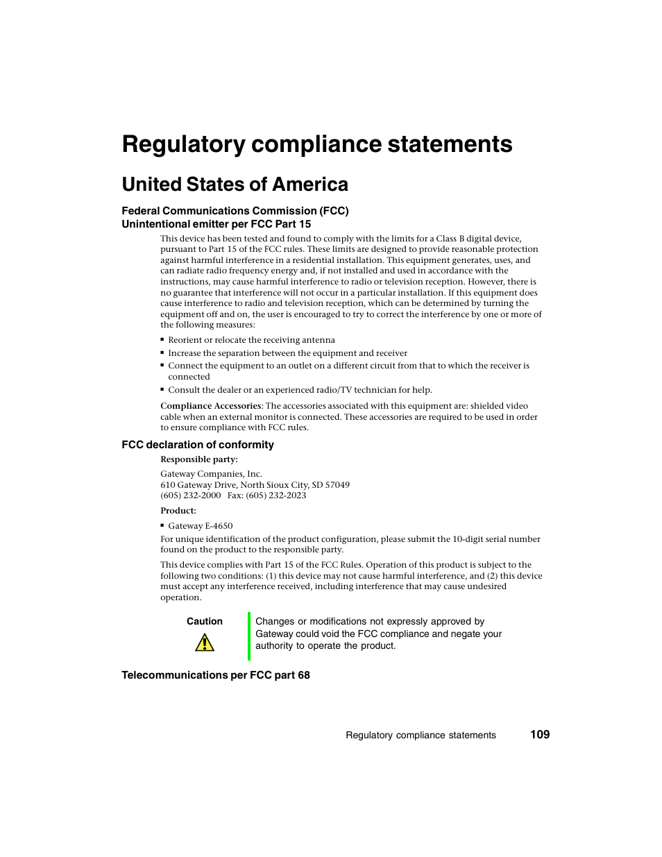 Regulatory compliance statements, United states of america | Gateway E-4650 User Manual | Page 117 / 134