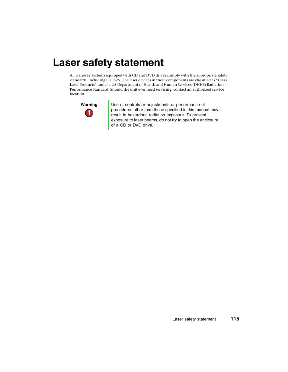 Laser safety statement | Gateway E-4650 User Manual | Page 123 / 134