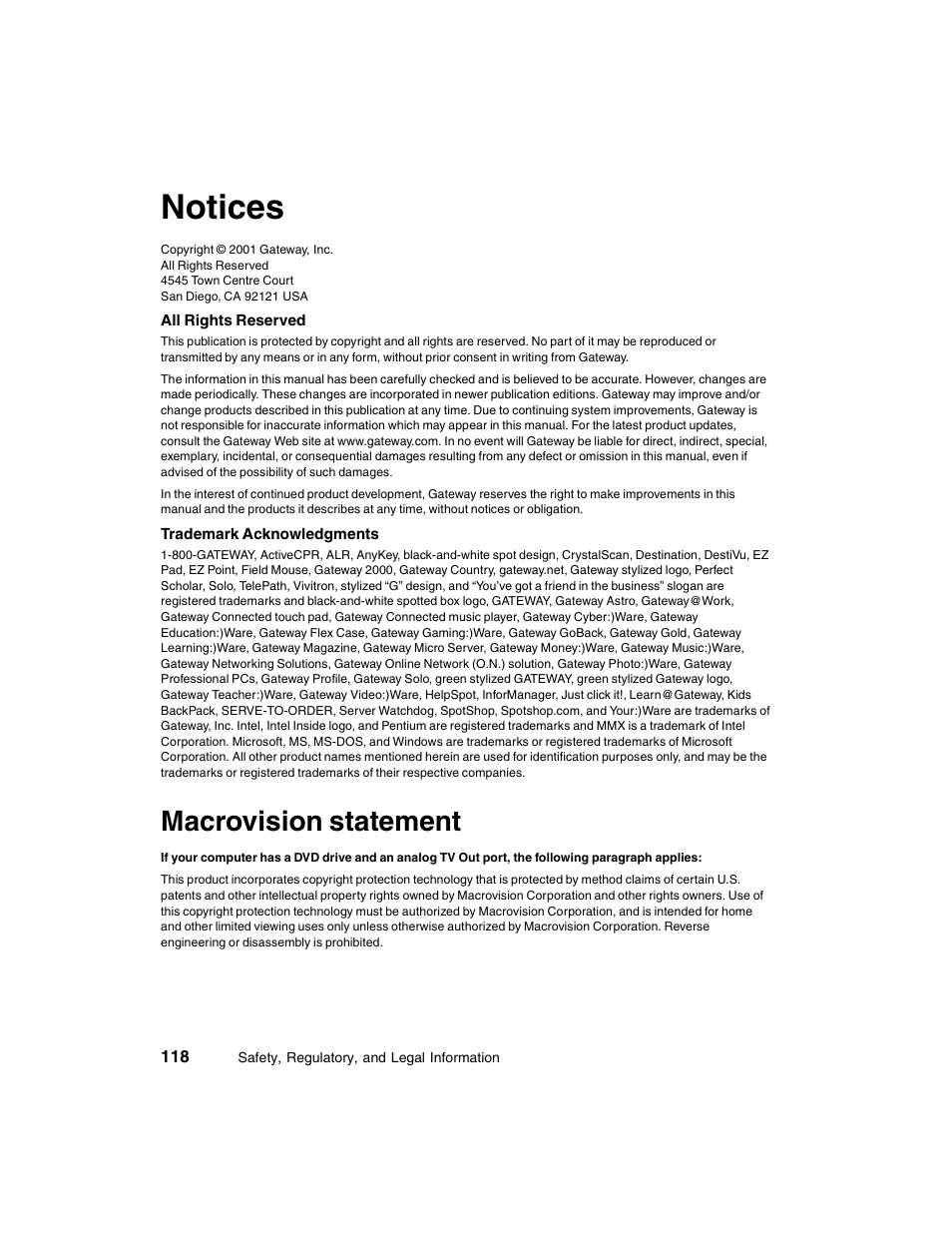 Notices, Macrovision statement | Gateway E-4650 User Manual | Page 126 / 134