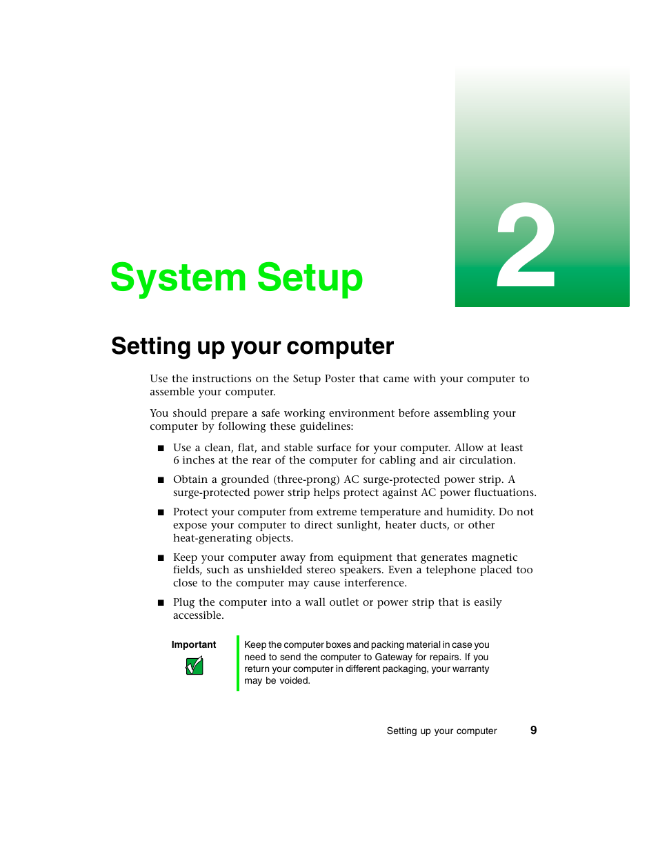 System setup, Setting up your computer | Gateway E-4650 User Manual | Page 17 / 134