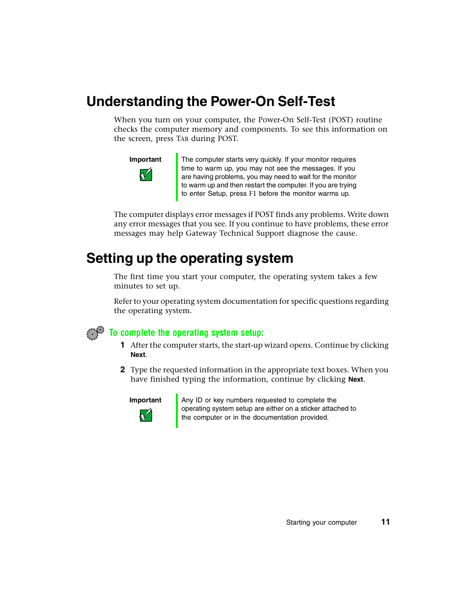 Understanding the power-on self-test, Setting up the operating system | Gateway E-4650 User Manual | Page 19 / 134
