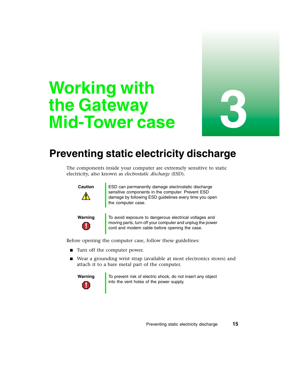 Working with the gateway mid-tower case, Preventing static electricity discharge | Gateway E-4650 User Manual | Page 23 / 134