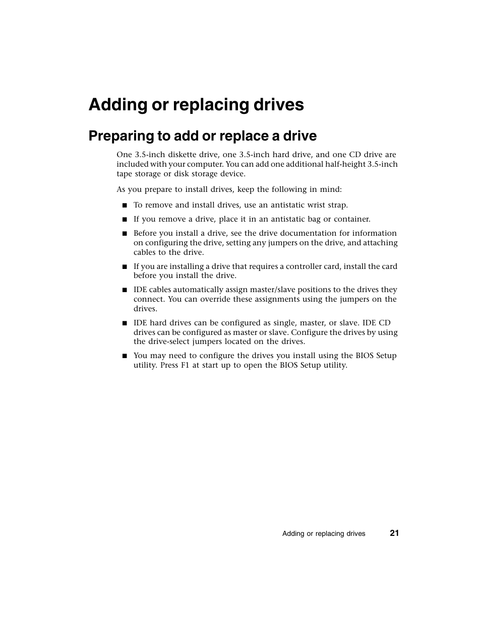 Adding or replacing drives, Preparing to add or replace a drive | Gateway E-4650 User Manual | Page 29 / 134