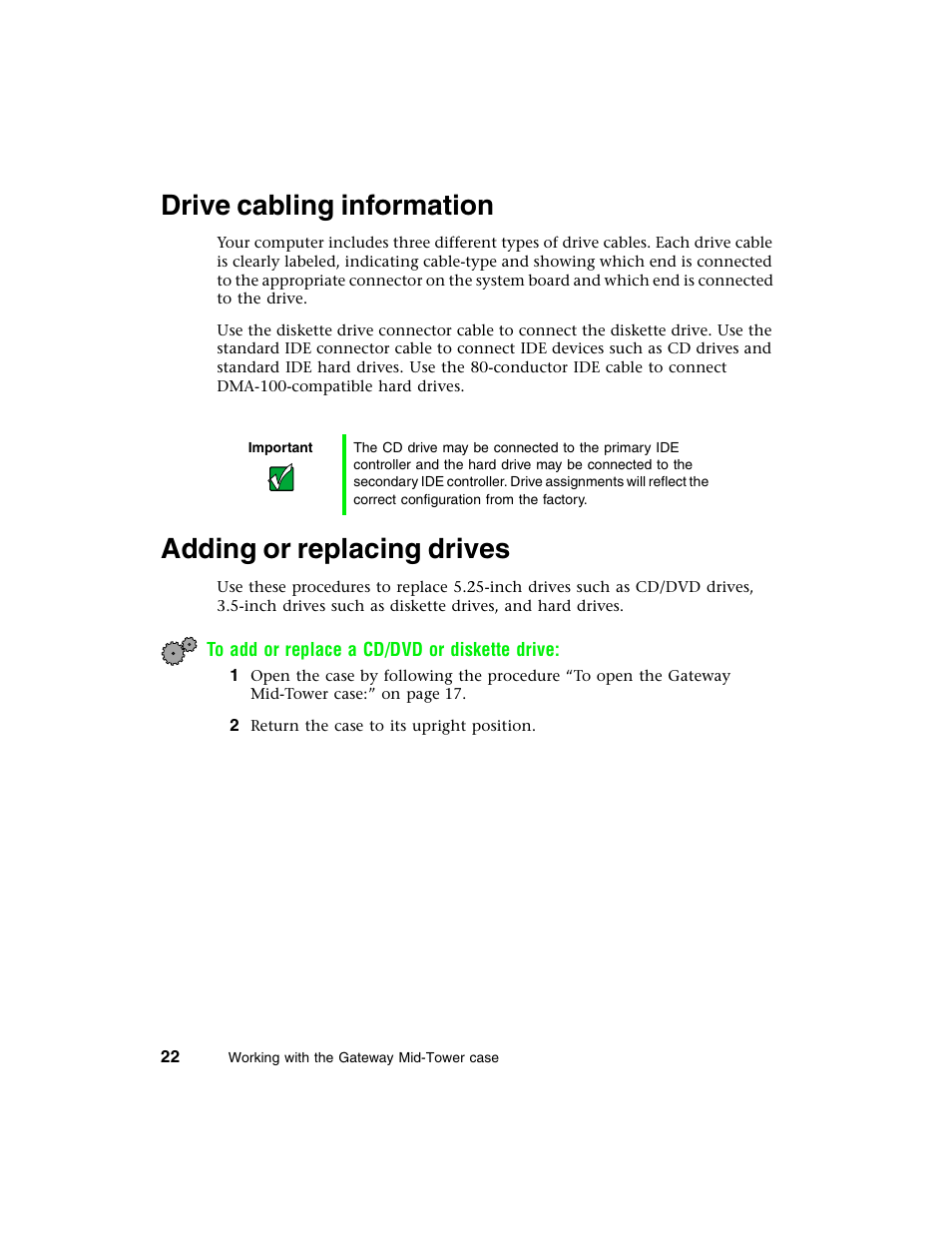 Drive cabling information, Adding or replacing drives | Gateway E-4650 User Manual | Page 30 / 134