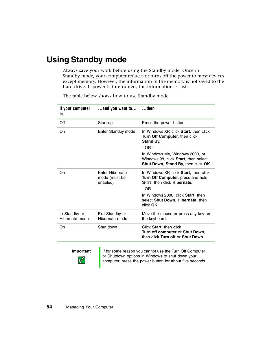 Using standbymode, Using standby mode | Gateway E-4650 User Manual | Page 62 / 134