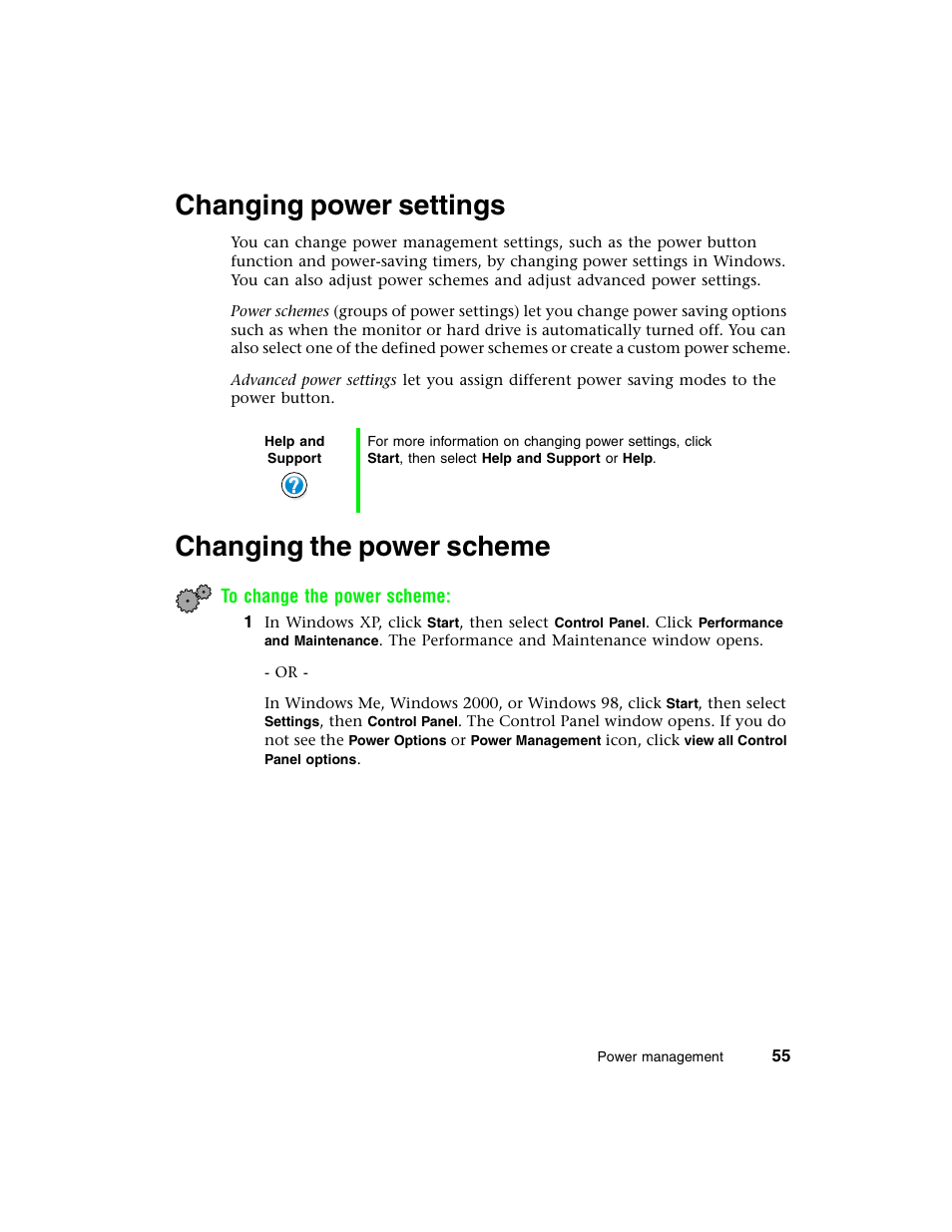 Changing power settings, Changing the power scheme, Changing power settings changing the power scheme | Gateway E-4650 User Manual | Page 63 / 134