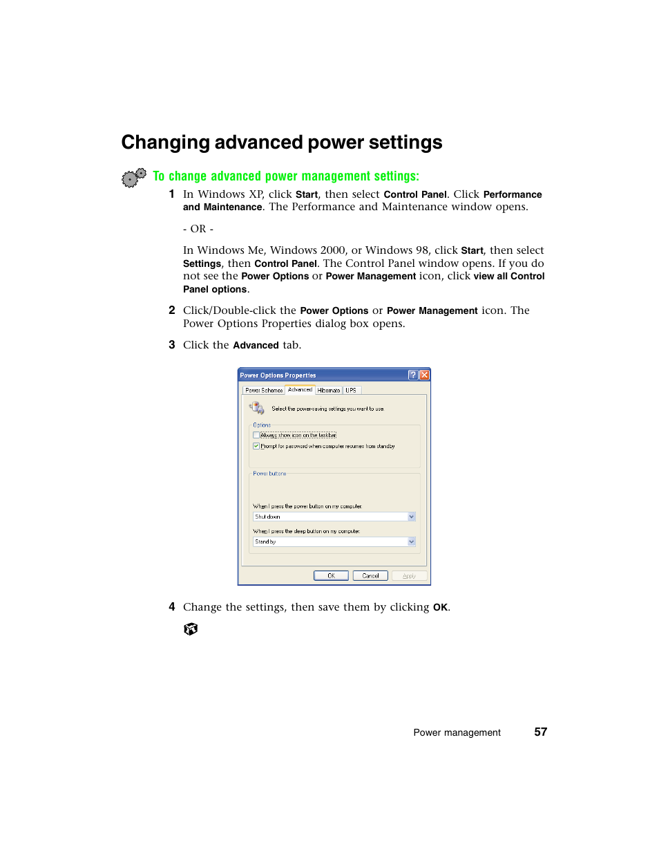 Changing advanced power settings | Gateway E-4650 User Manual | Page 65 / 134