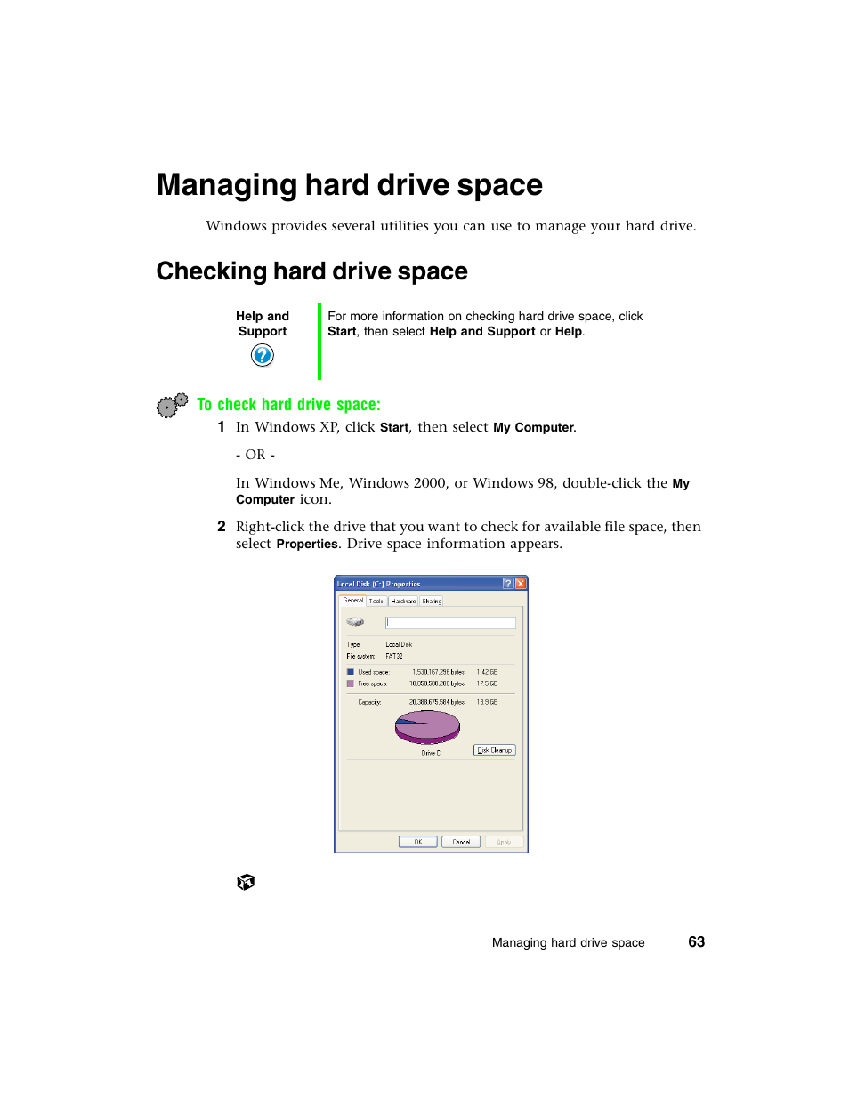 Managing hard drive space, Checking hard drive space | Gateway E-4650 User Manual | Page 71 / 134
