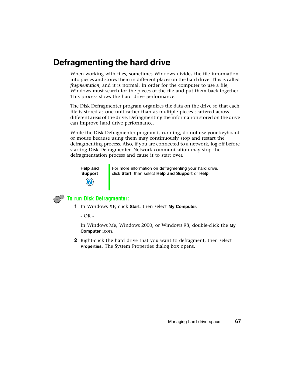 Defragmenting the hard drive | Gateway E-4650 User Manual | Page 75 / 134