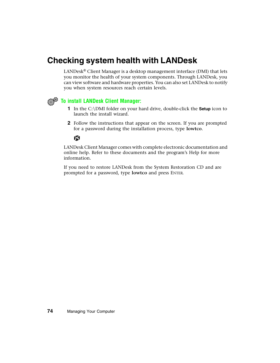 Checking system health with landesk | Gateway E-4650 User Manual | Page 82 / 134