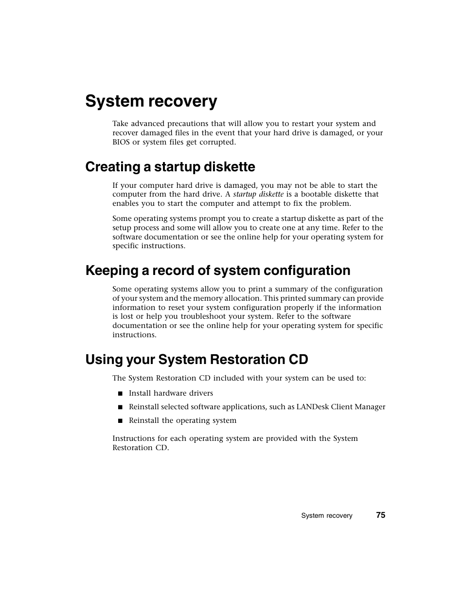 System recovery, Creating a startup diskette, Keeping a record of system configuration | Using your system restoration cd | Gateway E-4650 User Manual | Page 83 / 134