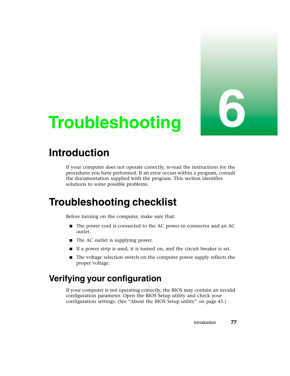 Troubleshooting, Introduction, Troubleshooting checklist | Verifying your configuration, Introduction troubleshooting checklist | Gateway E-4650 User Manual | Page 85 / 134