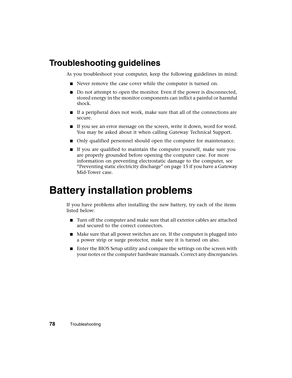 Troubleshooting guidelines, Battery installation problems | Gateway E-4650 User Manual | Page 86 / 134