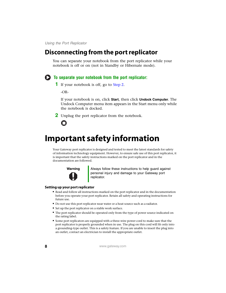 Disconnecting from the port replicator, Important safety information | Gateway M280 User Manual | Page 10 / 16