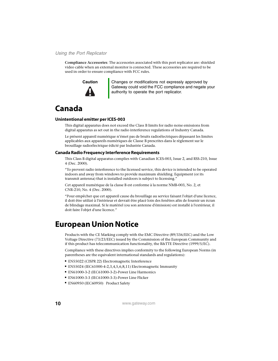 Canada, European union notice | Gateway M280 User Manual | Page 12 / 16