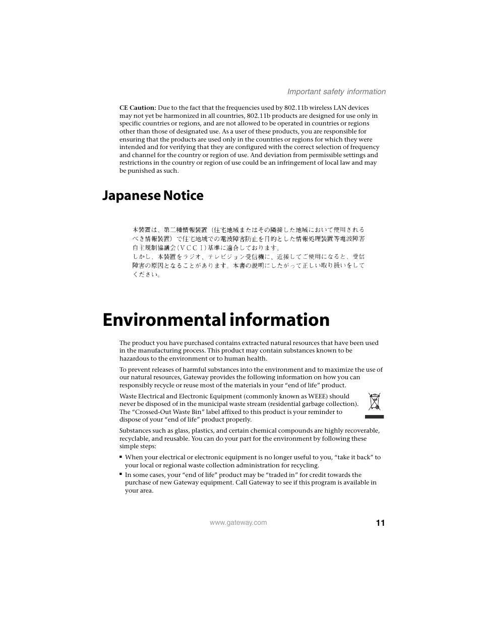Environmental information, Japanese notice | Gateway M280 User Manual | Page 13 / 16