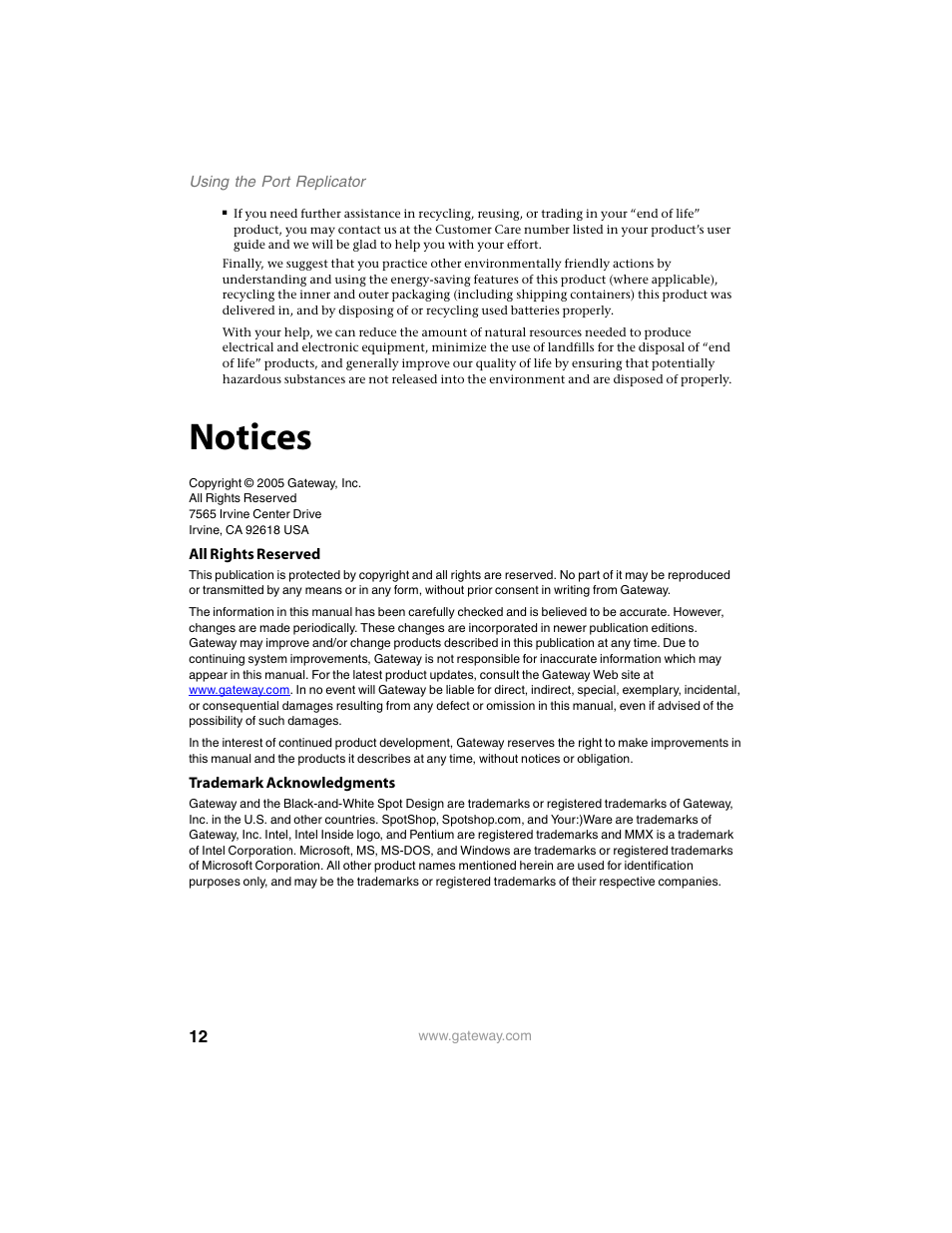 Notices | Gateway M280 User Manual | Page 14 / 16