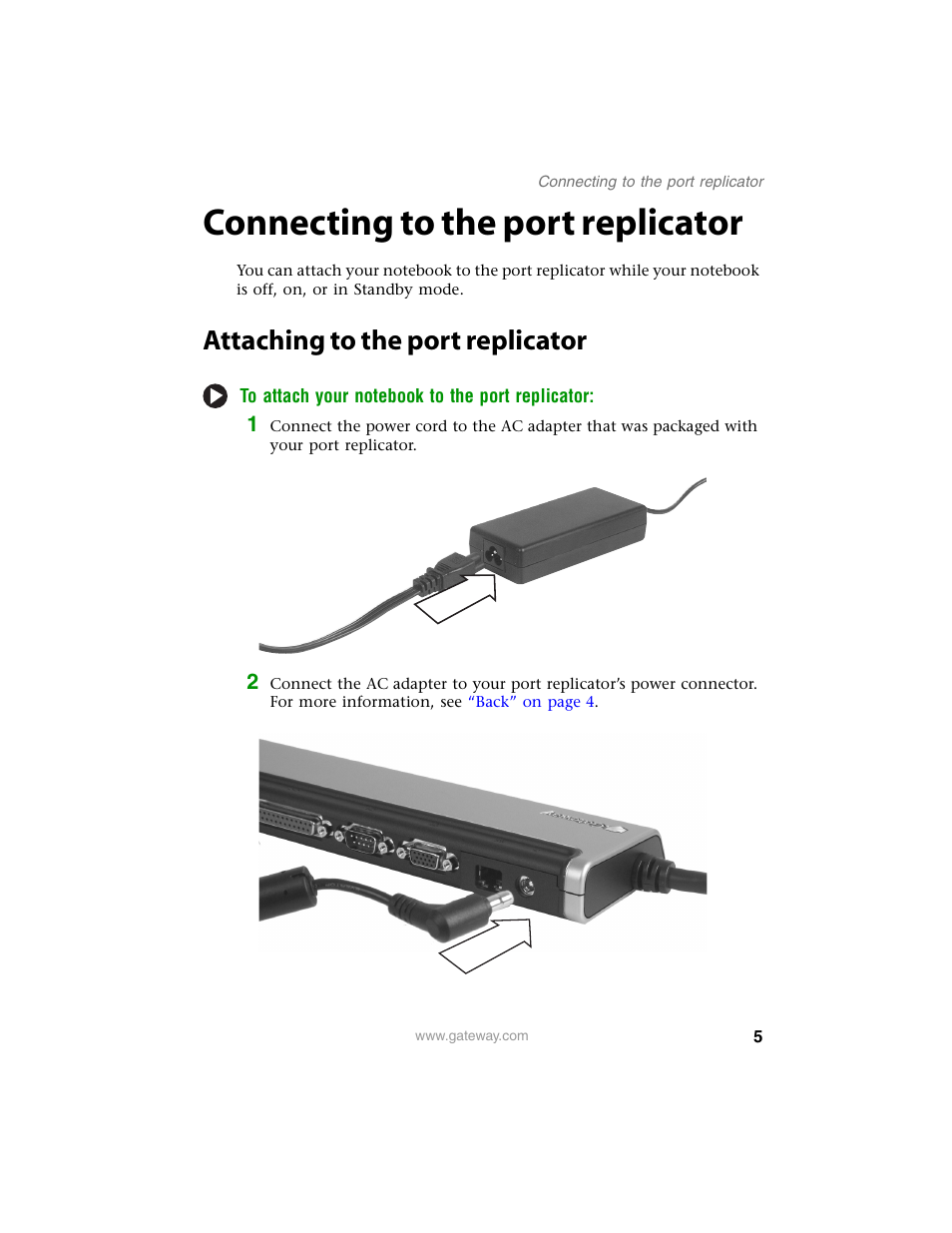 Connecting to the port replicator, Attaching to the port replicator | Gateway M280 User Manual | Page 7 / 16