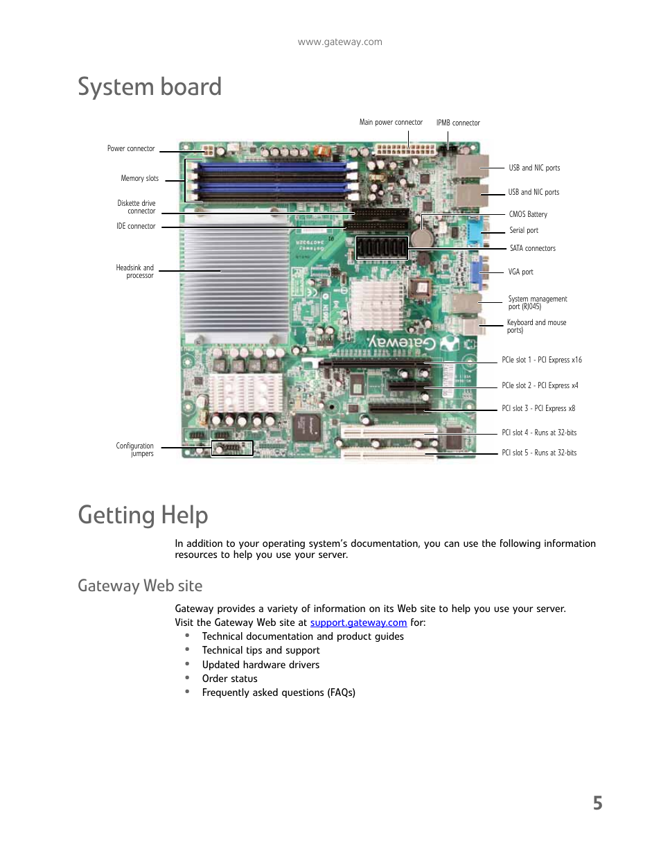 System board, Getting help, Gateway web site | System board getting help | Gateway E-9232T User Manual | Page 11 / 96