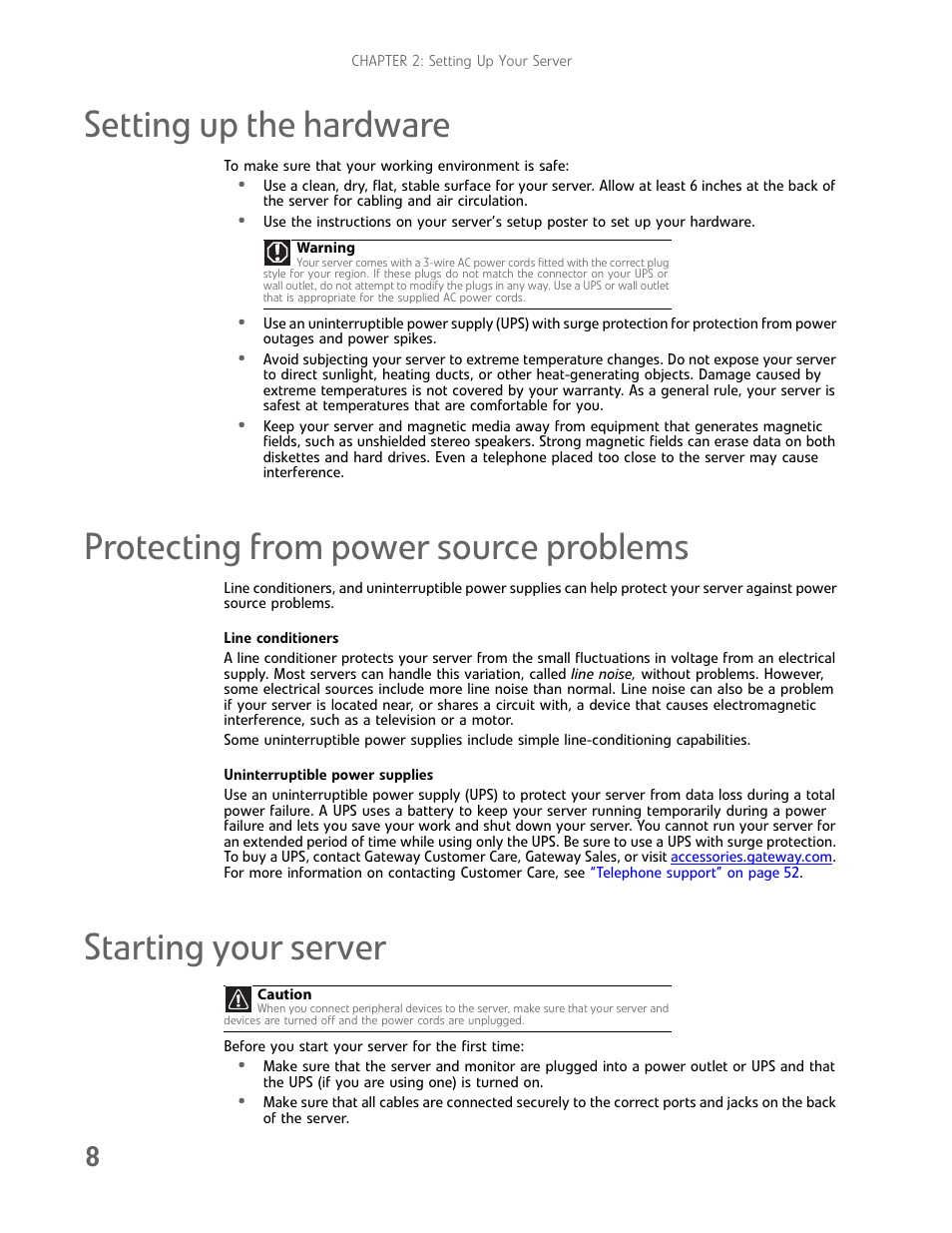 Setting up the hardware, Protecting from power source problems, Starting your server | Gateway E-9232T User Manual | Page 14 / 96