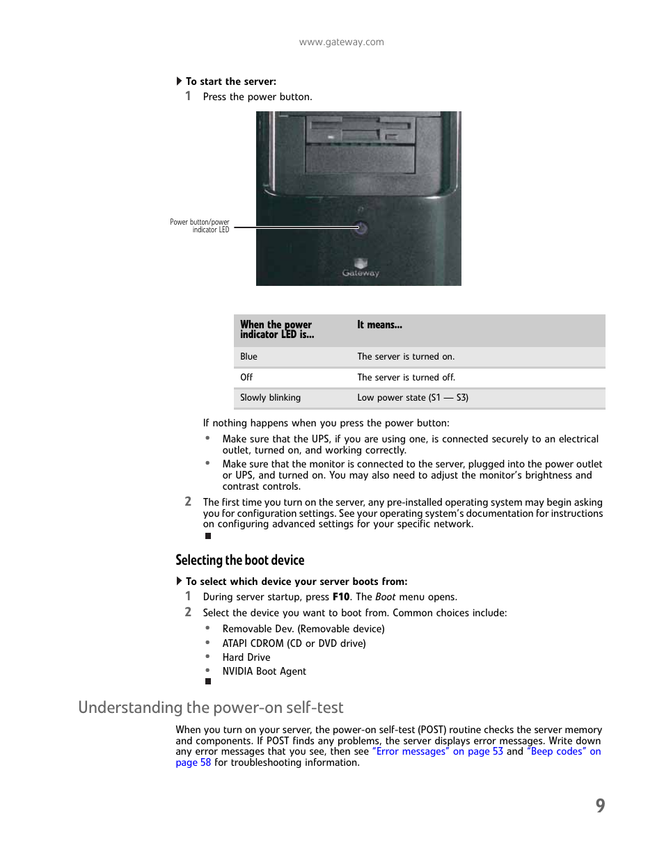 Selecting the boot device, Understanding the power-on self-test | Gateway E-9232T User Manual | Page 15 / 96