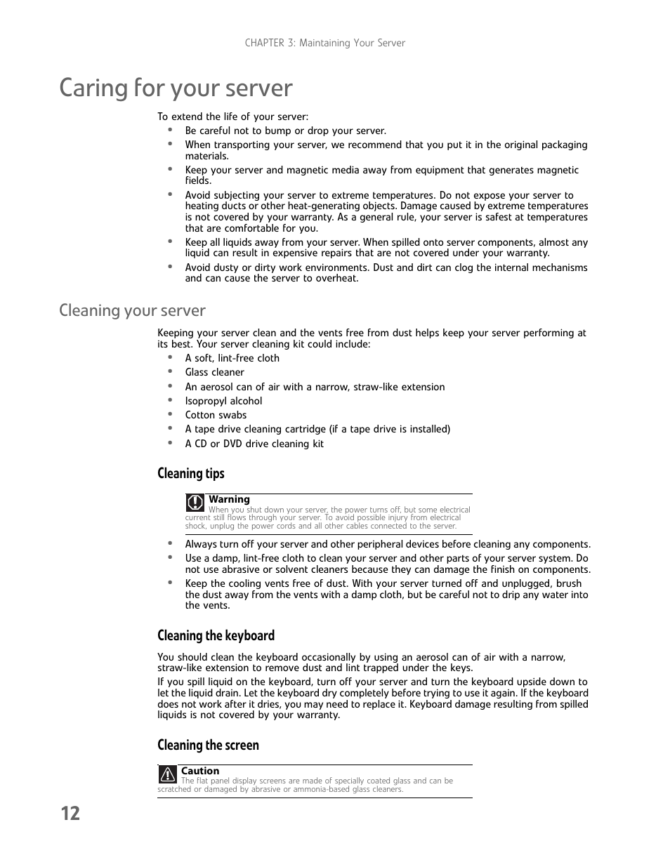 Caring for your server, Cleaning your server, Cleaning tips | Cleaning the keyboard, Cleaning the screen | Gateway E-9232T User Manual | Page 18 / 96