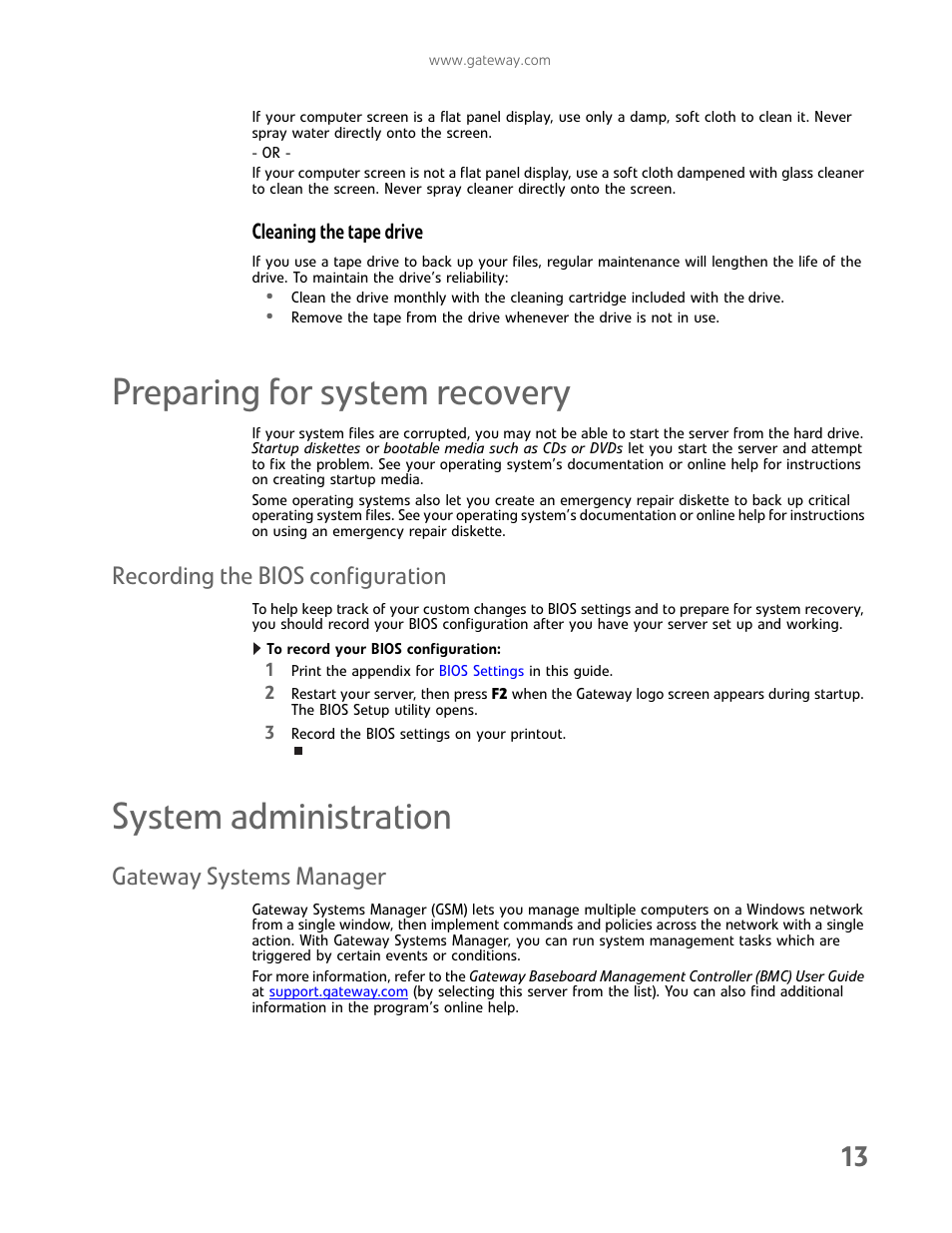 Cleaning the tape drive, Preparing for system recovery, Recording the bios configuration | System administration, Gateway systems manager | Gateway E-9232T User Manual | Page 19 / 96