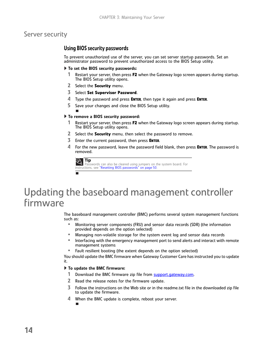 Server security, Using bios security passwords | Gateway E-9232T User Manual | Page 20 / 96