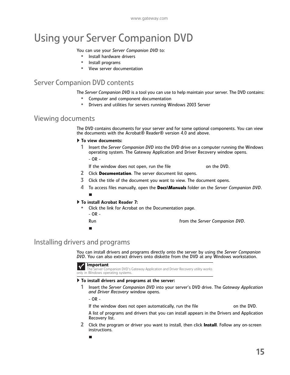 Using your server companion dvd, Server companion dvd contents, Viewing documents | Installing drivers and programs | Gateway E-9232T User Manual | Page 21 / 96